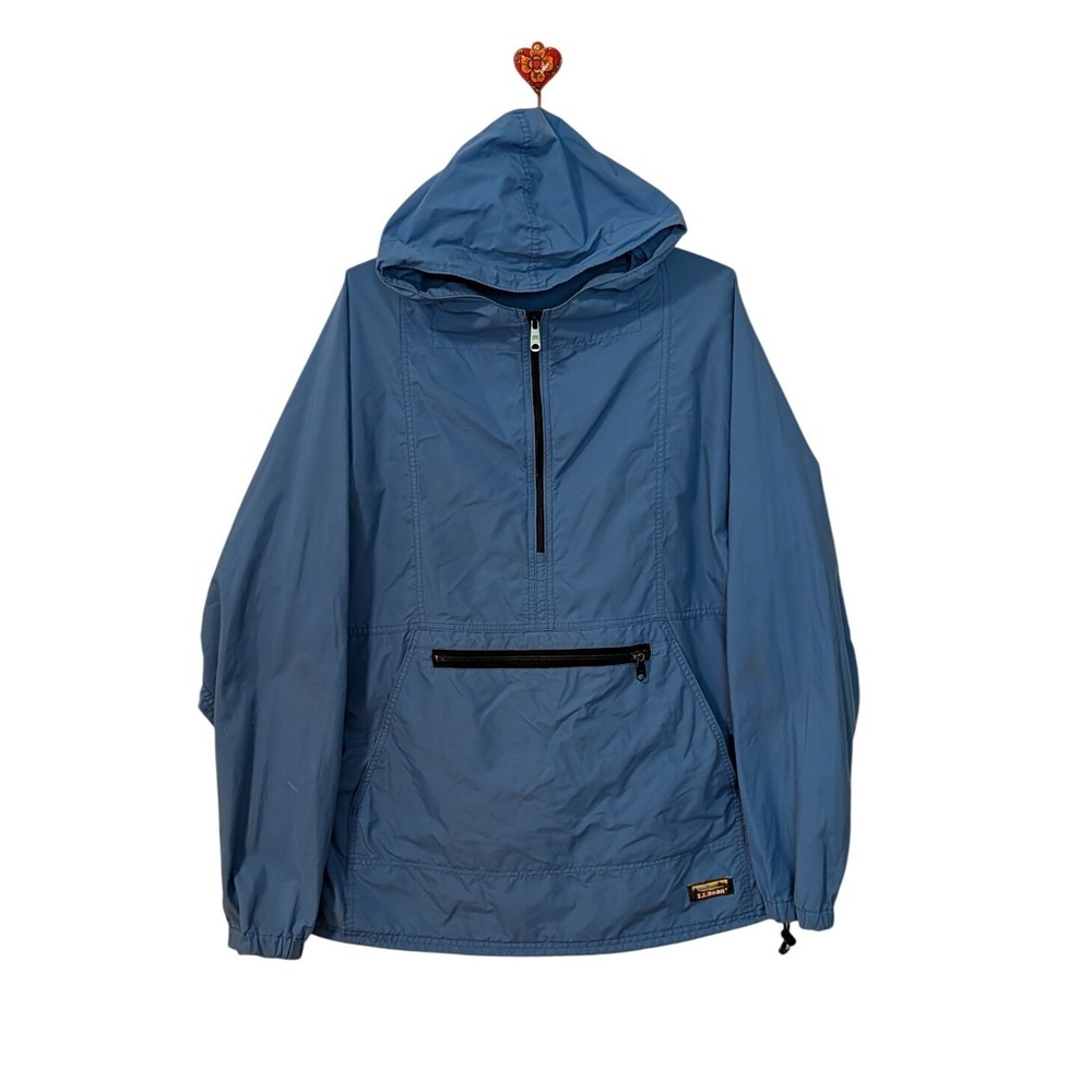 Vintage 90's LL Bean Anorak Windbreaker Blue Half Zip Pullover Hooded‎ Jacket XL